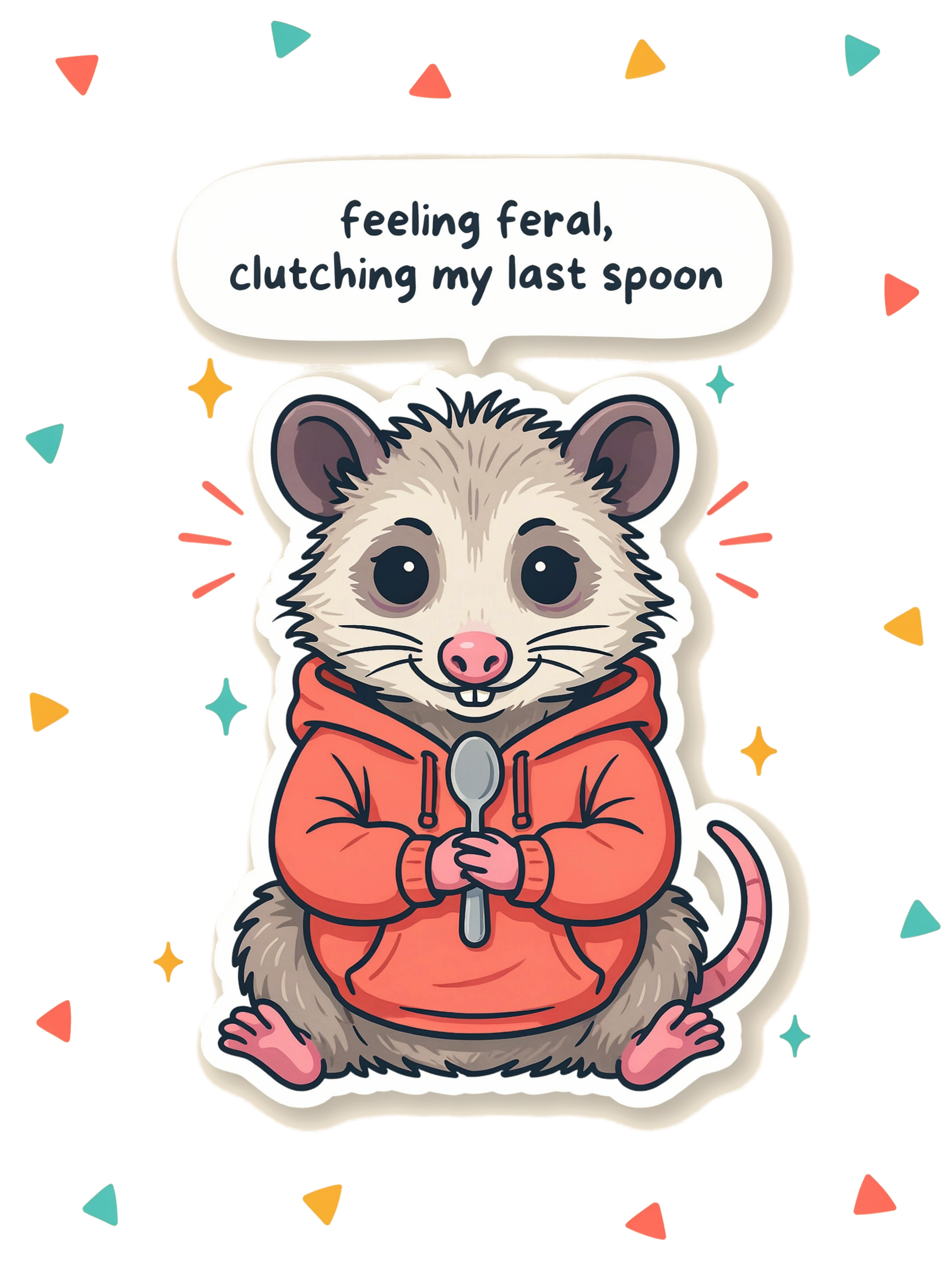 Reggie the possum in a coral hoodie, clutching his last spoon