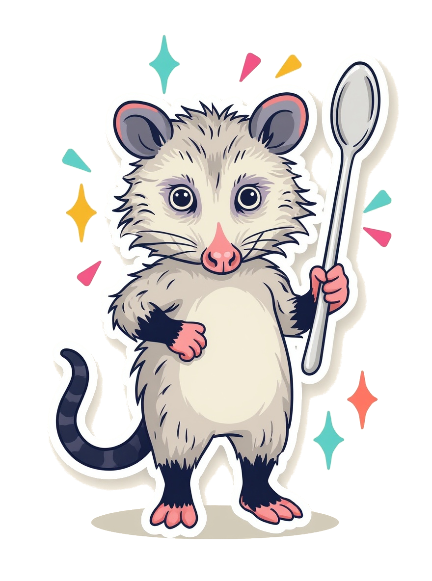 Reggie the opossum holding their last spoon