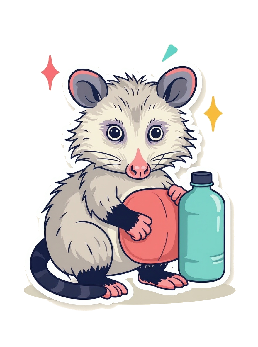 Reggie the possum, Spoonworthy's Chief Feral Officer, holding a spoon